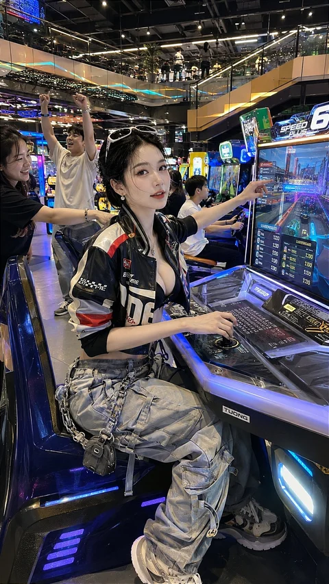 Glowing arcade machines surround a seated woman in patterned streetwear inside a busy gaming hall.