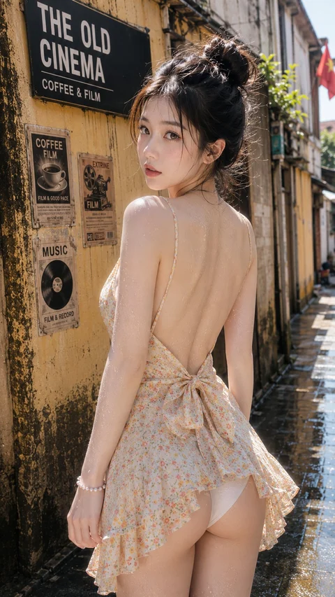 Outside an old cinema entrance, a woman looks over her shoulder in a short backless lace dress.