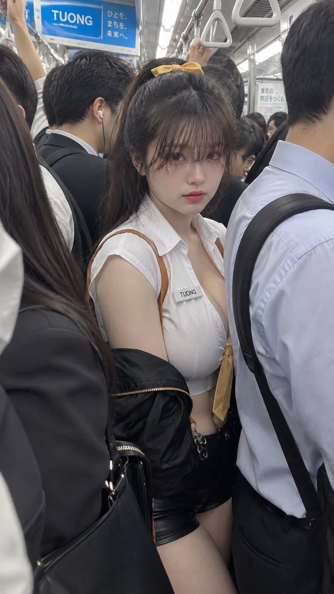 A woman in a white sleeveless top stands between commuters inside a crowded train carriage.