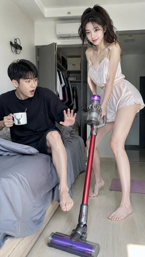 A woman in a light outfit holds a cordless vacuum while a seated man holding a cup gestures beside her.