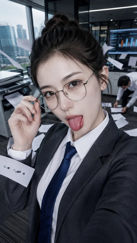 In an office selfie, a woman wearing a dark suit and tie adjusts her glasses while sticking out her tongue.