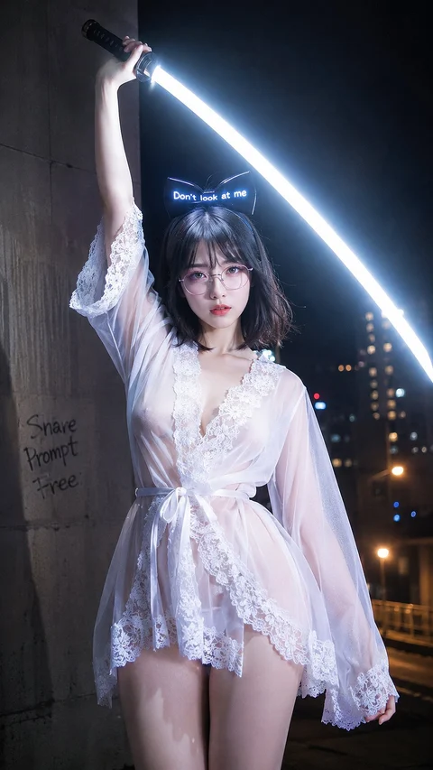 A woman in a flowing white lace outfit holds a bright blue-white glowing blade overhead against a nighttime city.