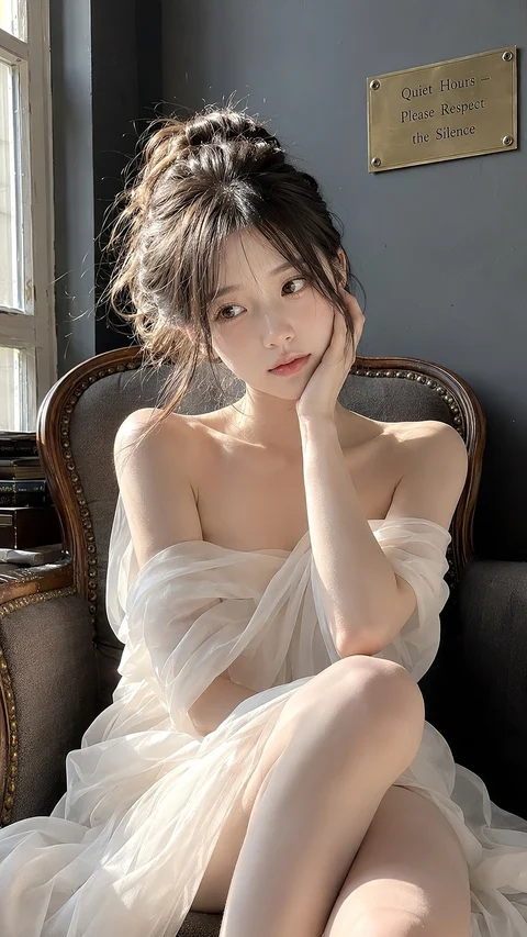 A woman in a pale sheer wrap sits in a dark armchair, resting one hand beside her face.