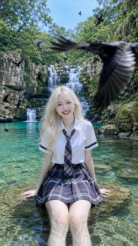 A blonde person in a white blouse, dark tie and plaid skirt sits beside clear green water.