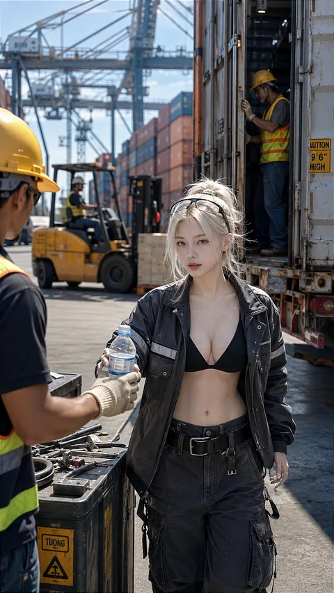 A pale-haired woman in a black jacket and dark trousers stands beside workers and equipment in a shipping-container yard.