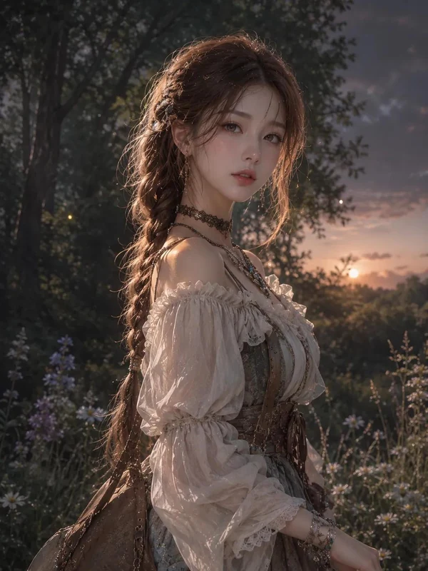 Woman in a pale traditional dress with braided hair in a woodland at dusk