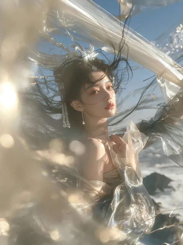 Woman in silver fantasy costume and a tall crown before mountain scenery