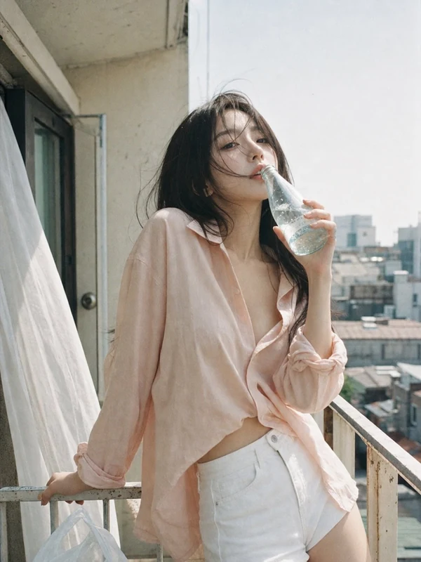 Woman in a peach shirt and white shorts holding a bottle on a balcony