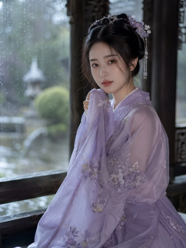 Woman in a lavender embroidered traditional dress beside a rain-covered window
